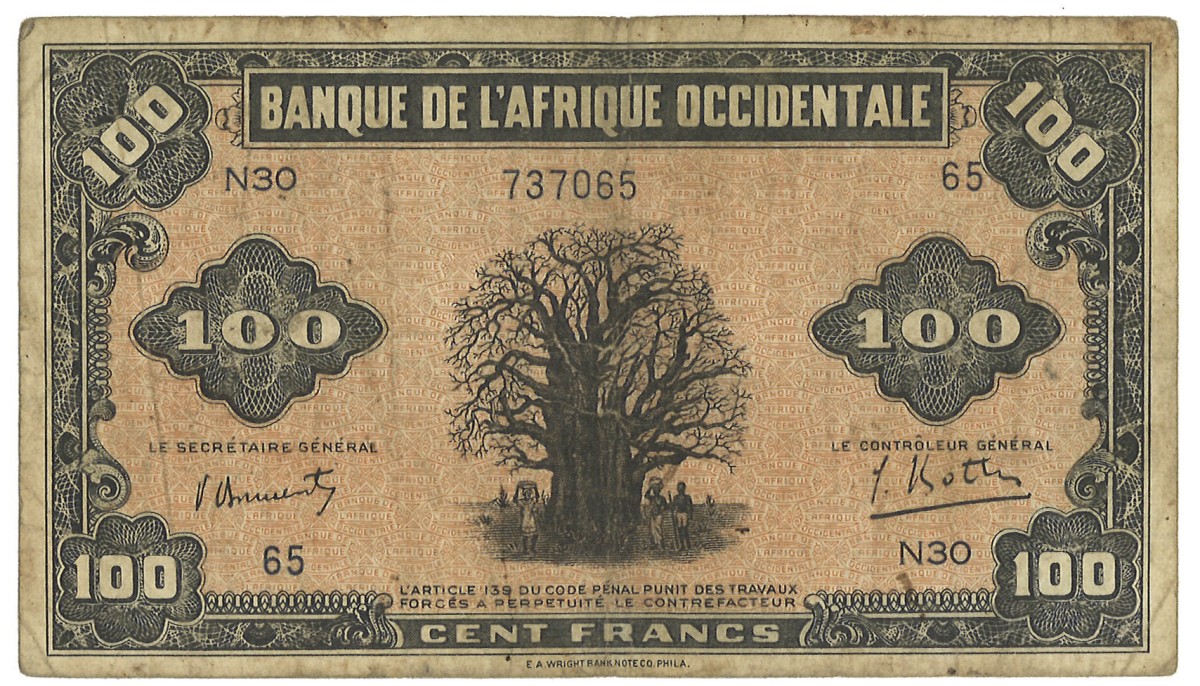 French West Afrika. 100 Francs. Banknote. Type 1942. - Very fine.