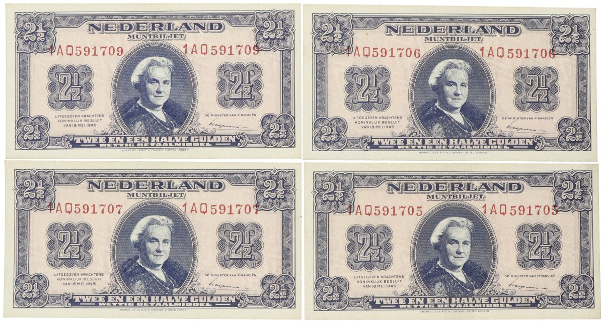 Nederland. Lot 4 Bankbiljetten. Bankbiljet. Type 1945. - UNC.