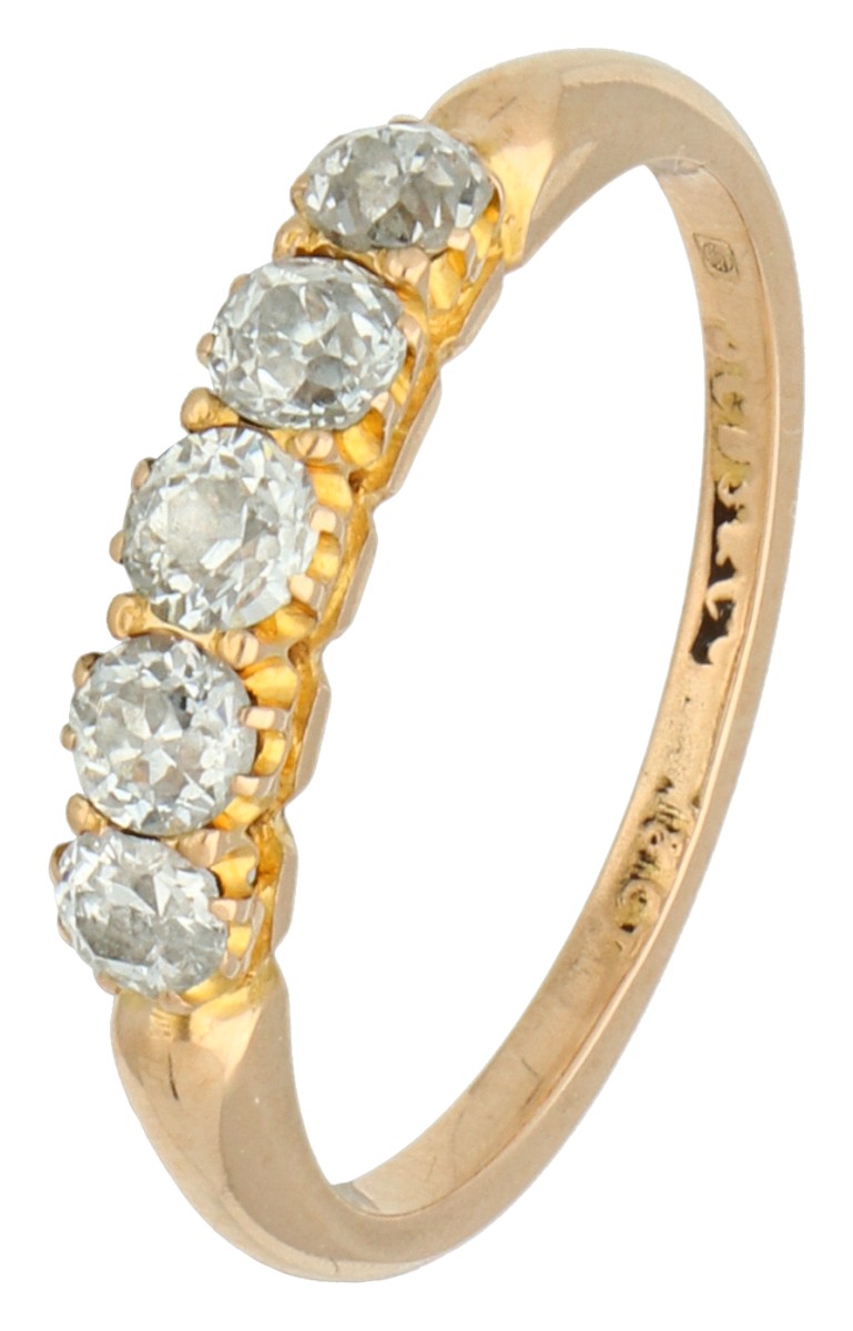 14K Geelgouden demi-alliance ring bezet met ca. 0.39 ct. oud slijpsel diamant.