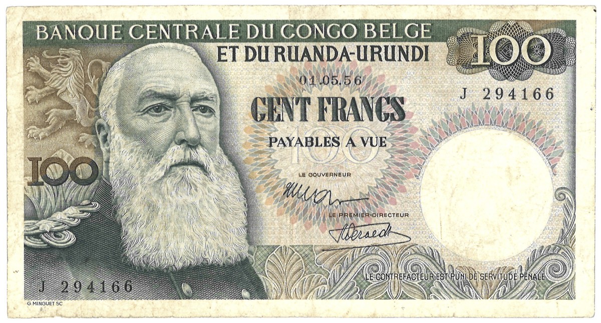 Belgian Rwanda and Urundi. 100 Francs. Banknote. Type 1955/1960. Type Leopold II. - Extremely fine.