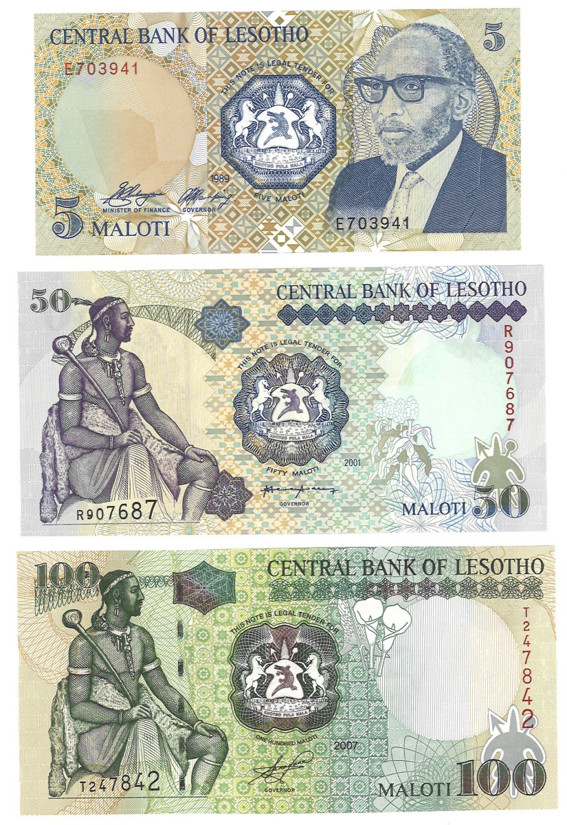 Lesotho. Lot 3 Banknotes. Banknote. Type 1989/2007. - Extremely fine.