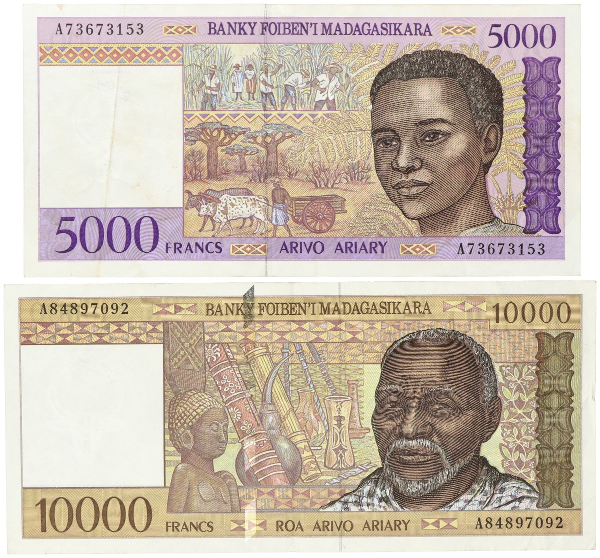 Madagascar. Lot 2 Banknotes. Banknote. Type 1995/2004. - Very fine.