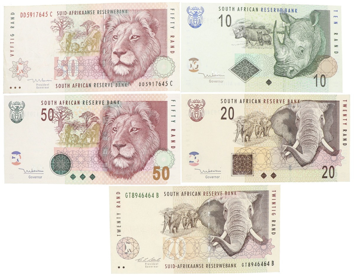 South Africa. Lot 5 banknotes. Banknote. Type 1992/2010. - Extremely fine / UNC.