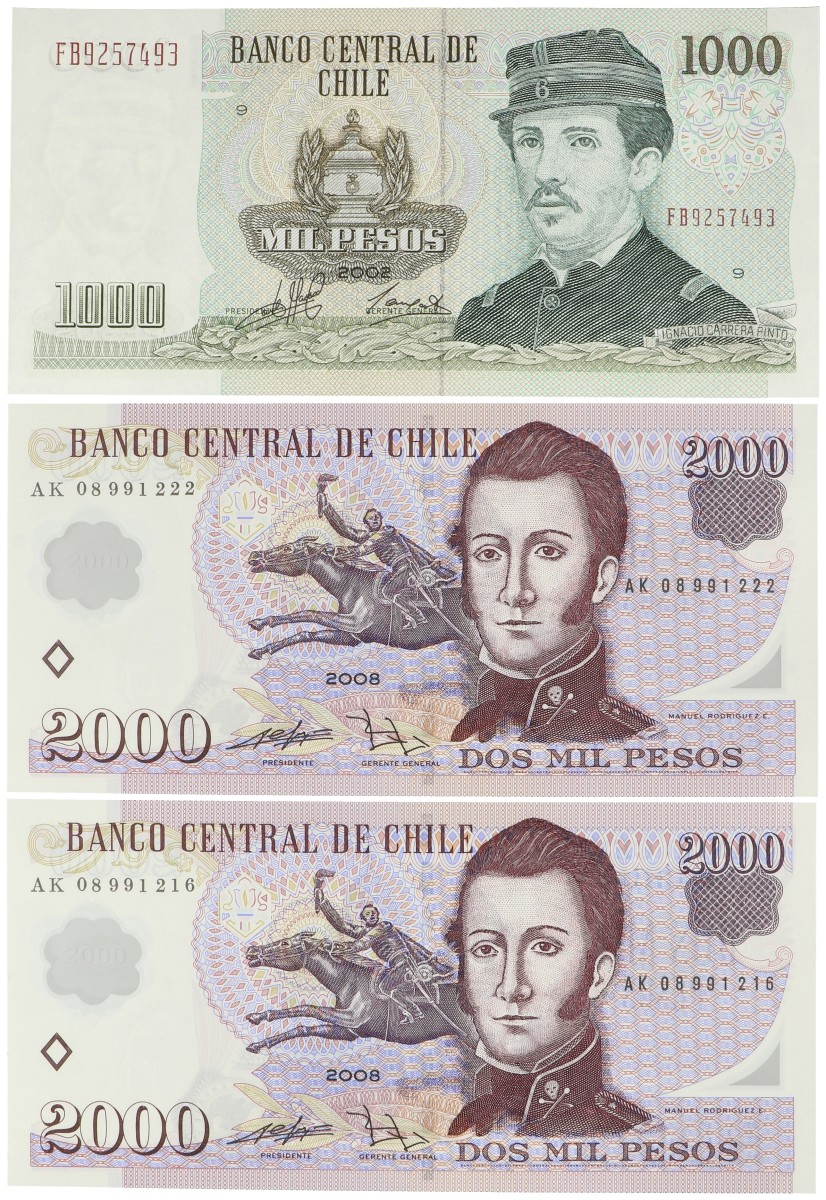 Chile. Lot 3 Banknotes. Banknote. Type 2002/2008. - Extremely fine.