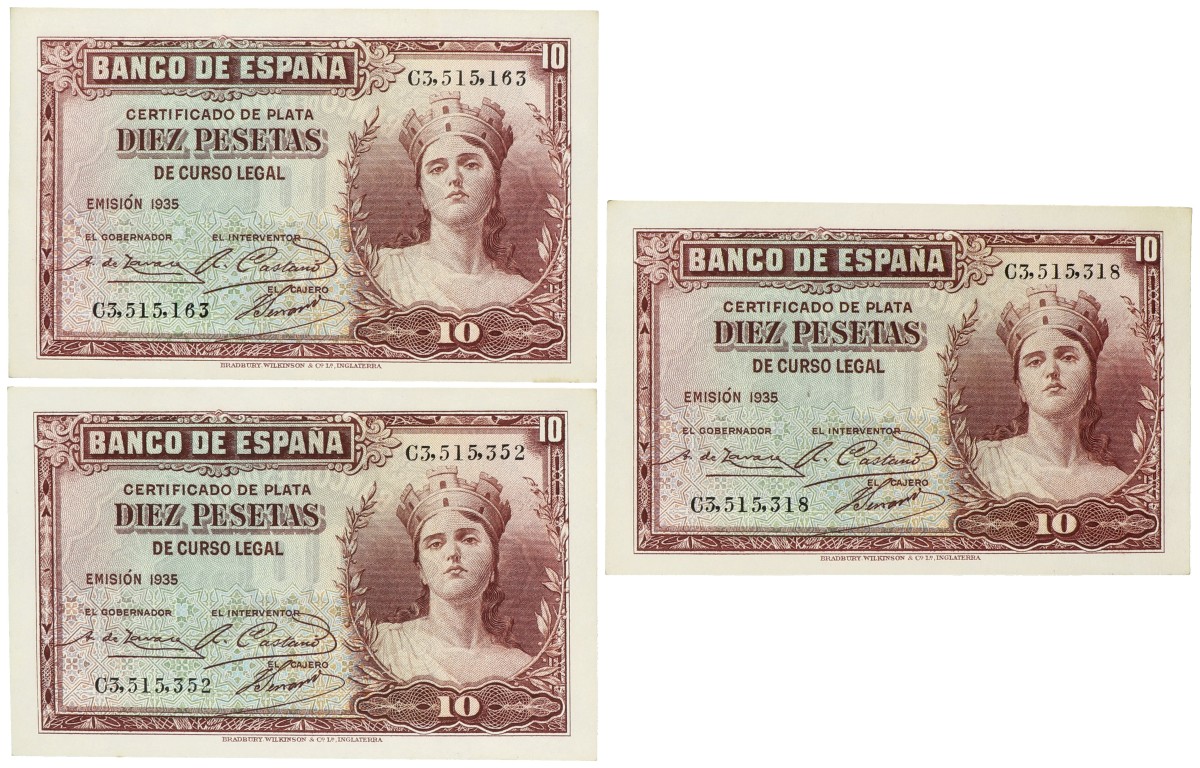 Spain. Lot 3 banknotes. Banknote. Type 1953. - Extremely fine.