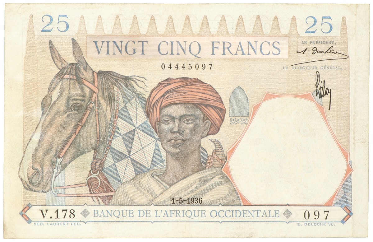 French West Africa. 25 Francs. Banknote. Type 1933/1939. - Extremely fine.