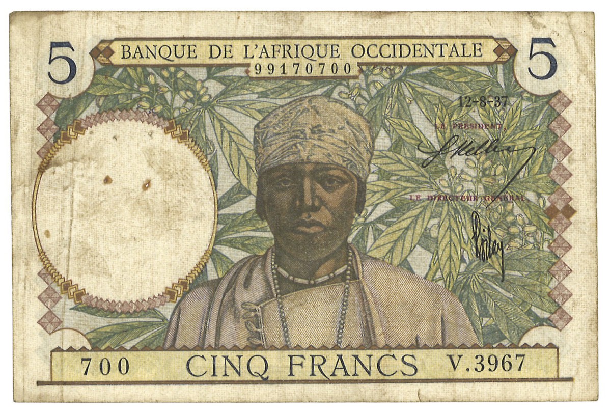 French West Africa. 5 Francs. Banknote. Type 1934/1941. - Fine.