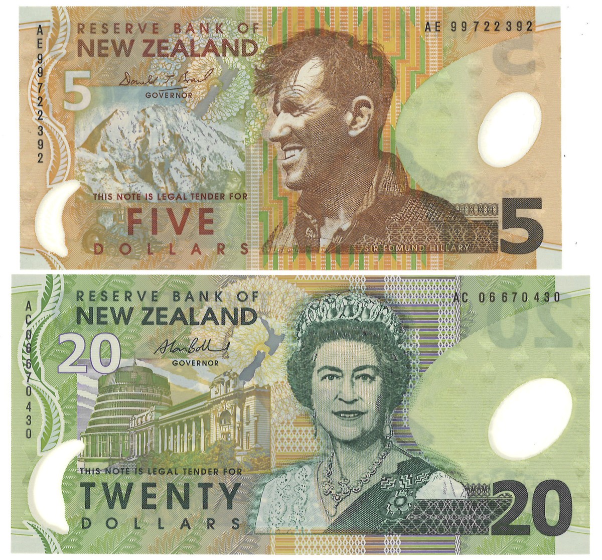 New Zealand. Lot 2 Banknotes. Banknote. Type 1999/2015. - UNC.