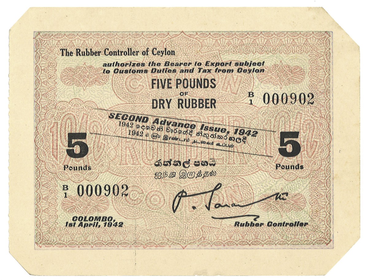 Ceylon. 5 Pounds of Dry Rubber. Coupon. Type 1942. - UNC.