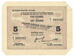 Ceylon. 5 Pounds of Dry Rubber. Coupon. Type 1942. - UNC.