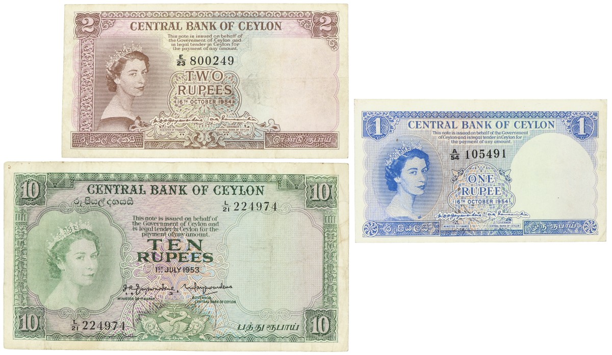 Ceylon. Lot 3 Banknotes. Banknote. Type 1954/1953. - Very fine.