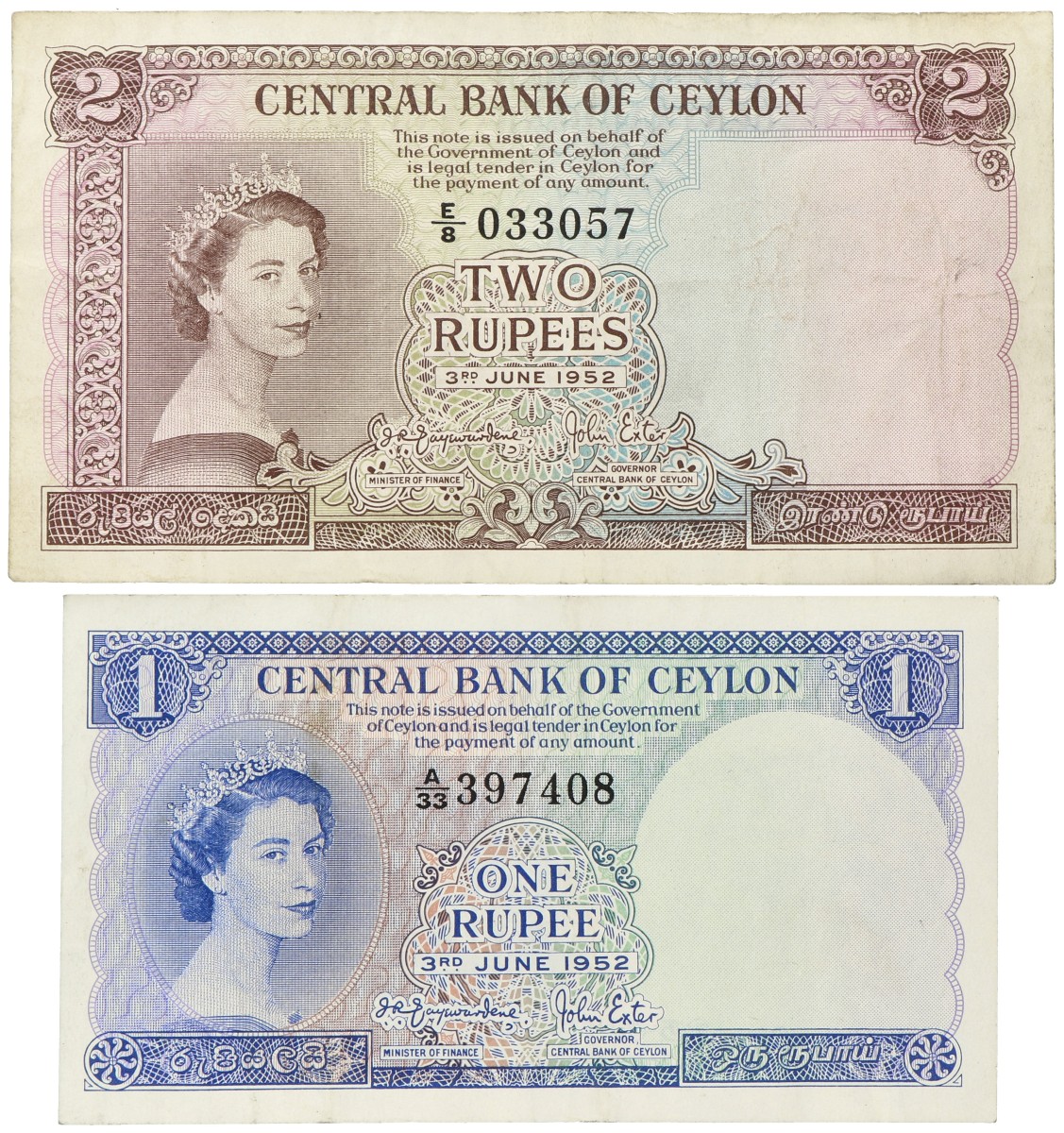 Ceylon. Lot 2 banknotes. Banknote. Type 1952. - Very fine.