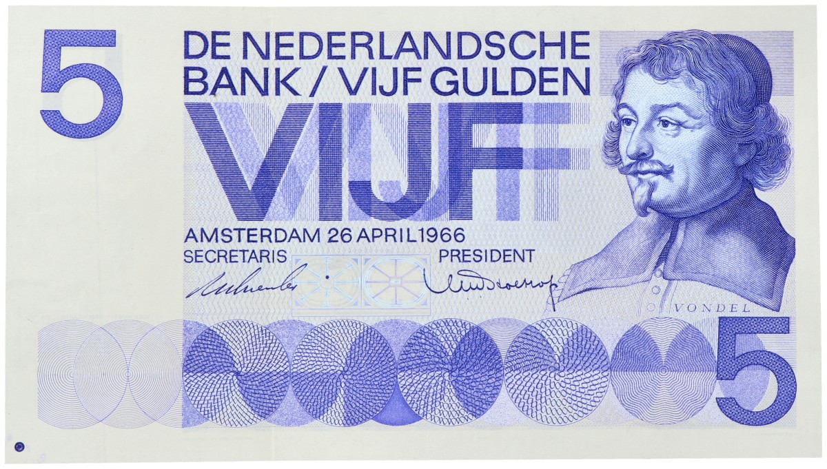 Nederland. 5 Gulden. Proefdruk. Type 1966. Type Vondel I. - Prachtig.