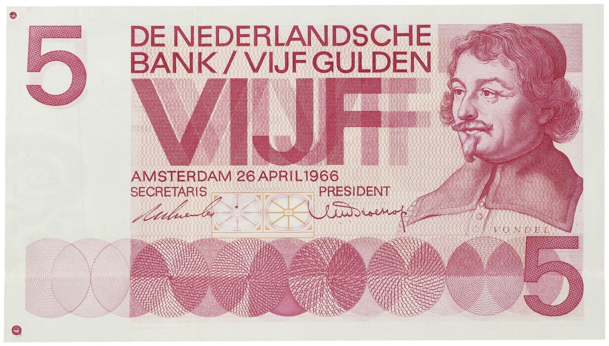 Nederland. 5 Gulden. Proefdruk. Type 1966. Type Vondel I. - Prachtig.