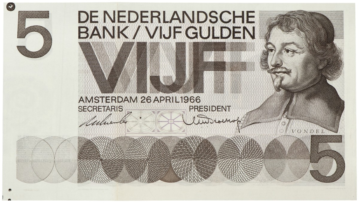 Nederland. 5 Gulden. Proefdruk. Type 1966. Type Vondel I. - Prachtig.