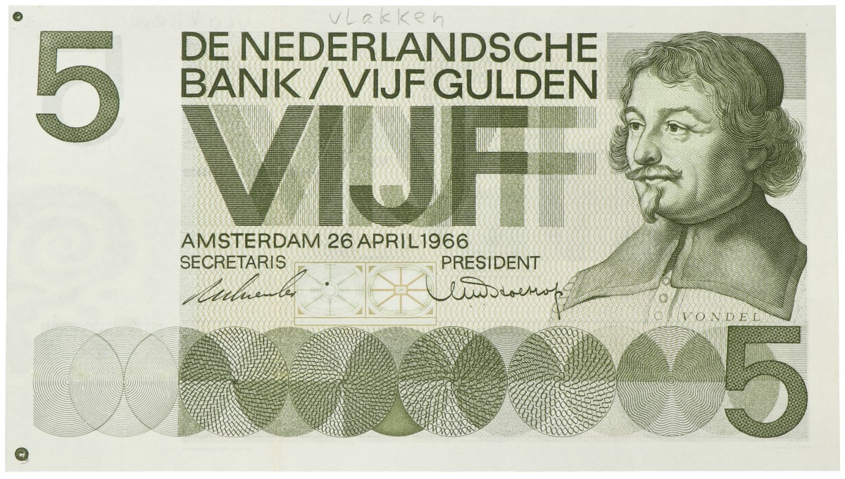 Nederland. 5 Gulden. Proefdruk. Type 1966. Type Vondel I. - Prachtig.