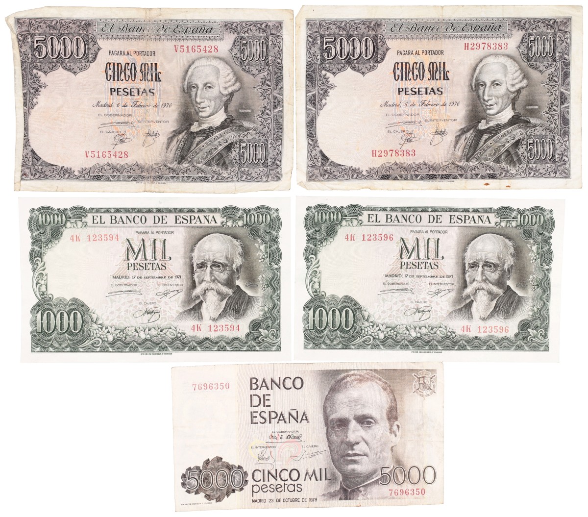 Spain. Lot 5 banknotes. Banknotes. Type ND. - Very fine.