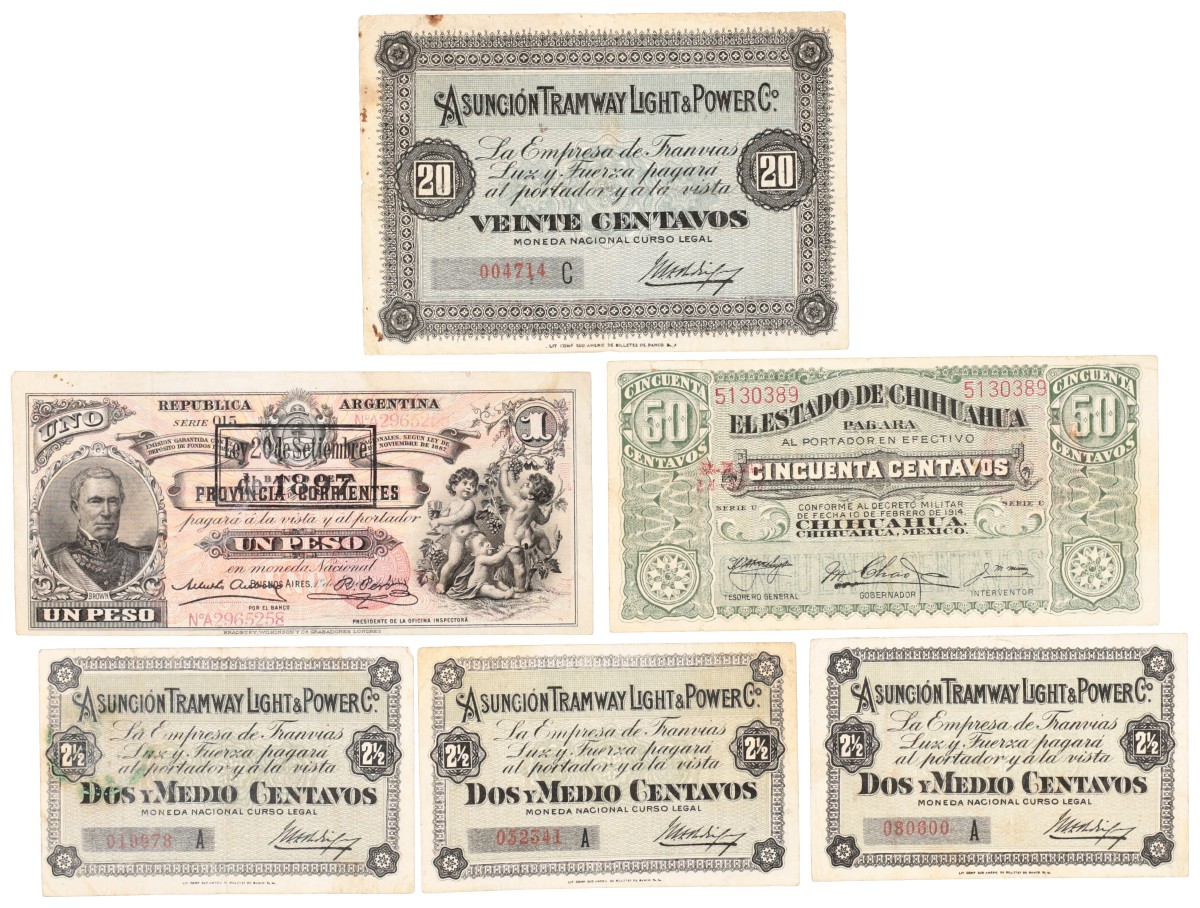 South America + Mexico. Lot 6 banknotes. Banknotes. Type ND. - Very fine.