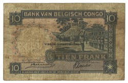 Belgian Congo. 10 Francs. Banknkotes. Type 1944. Type "QUATRIEME EMISSION" overprint. - Fine.