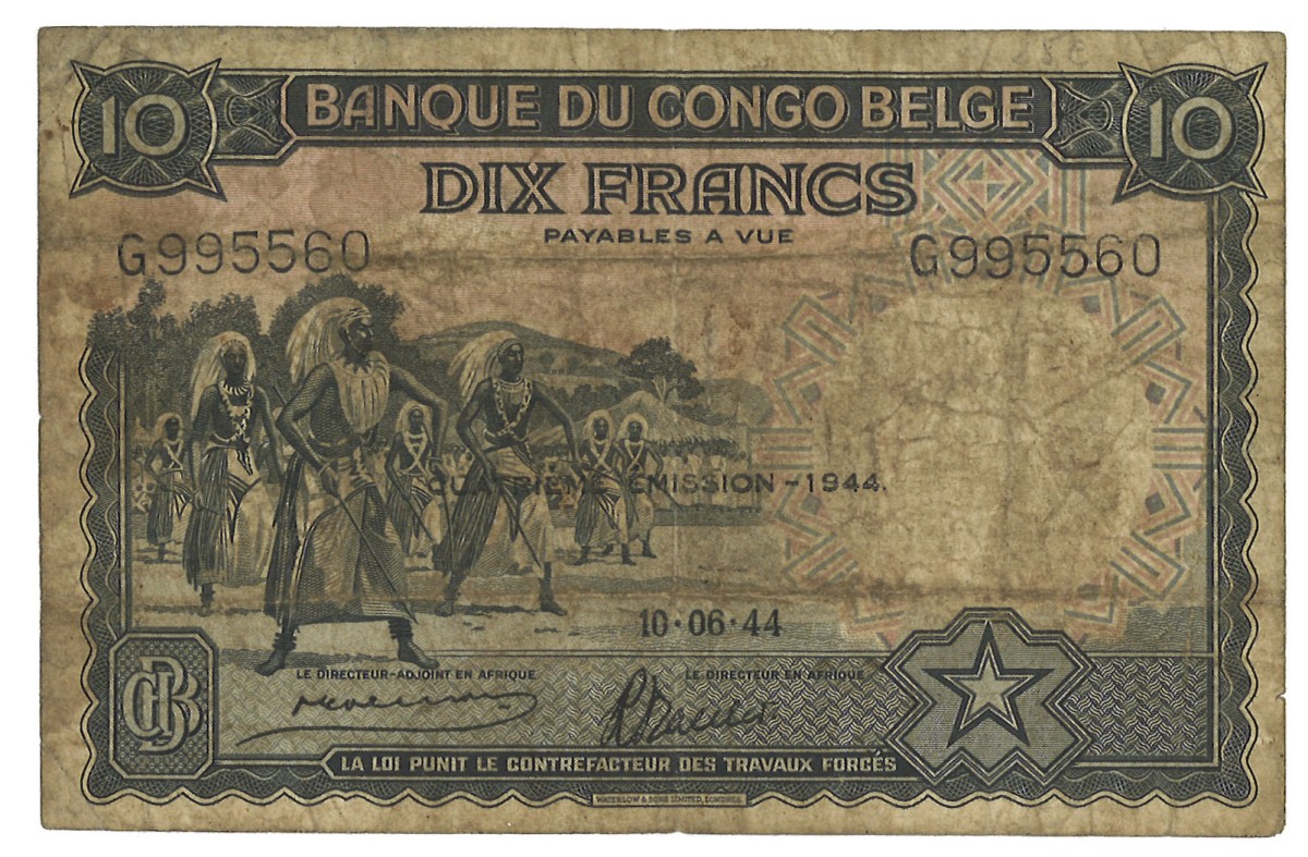 Belgian Congo. 10 Francs. Banknkotes. Type 1944. Type "QUATRIEME EMISSION" overprint. - Fine.