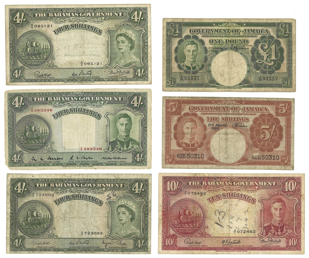 Jamaica + Bahama's. Lot 6 Banknotes. Banknotes. Type ND. - Very fine.