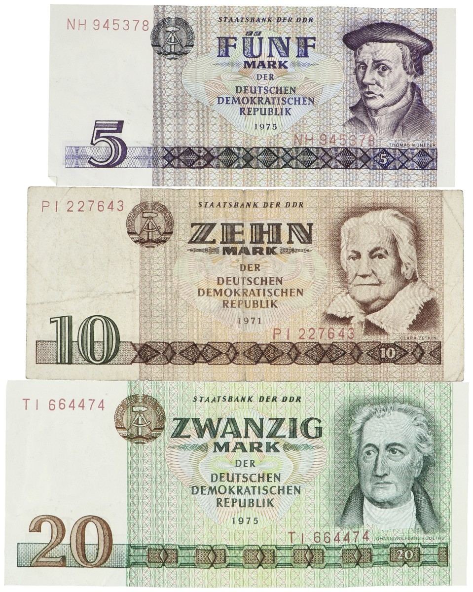 East Germany. Lot 3 banknotes. Banknote. Type 1971/1975. - Fine.