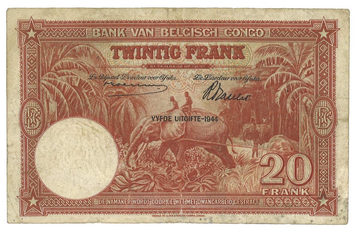 Belgian Congo. 20 Frank. Banknote. Type 1944. Type Fith Issue. - Very Fine.