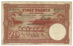 Belgian Congo. 20 Frank. Banknote. Type 1944. Type Fith Issue. - Very Fine.