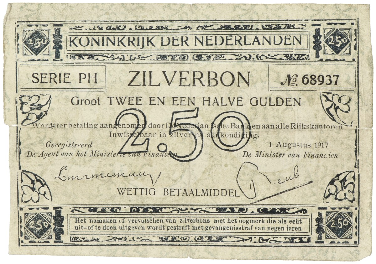 Nederland. 2 1/2 Gulden. Valse Zilverbon. Type 1917. - Fraai.