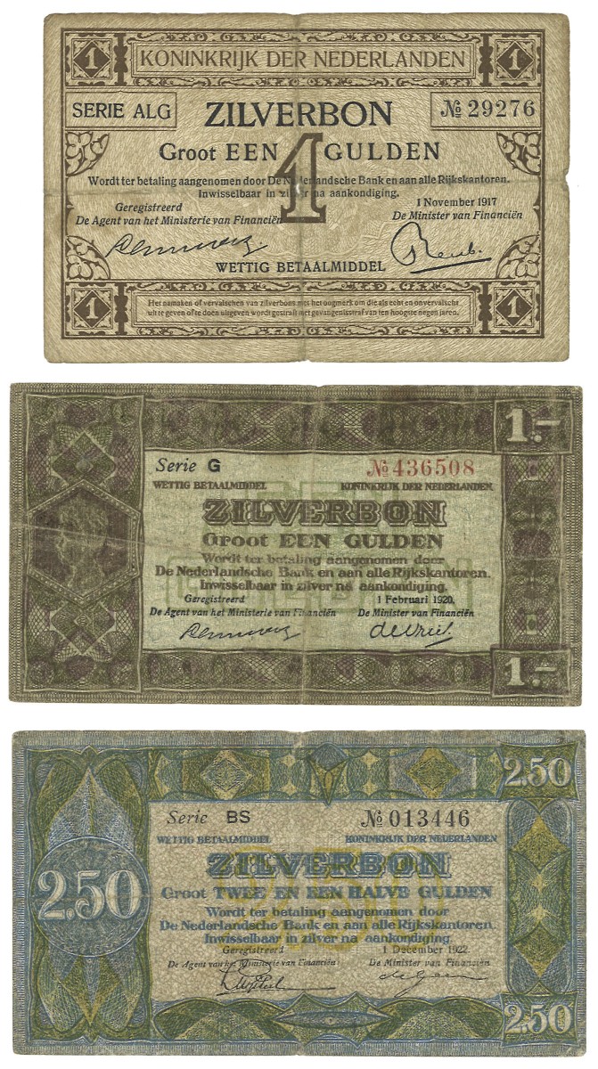 Nederland. Lot 3 waardebonnen. Zilverbonnen. Type 1917/1922. - Fraai.