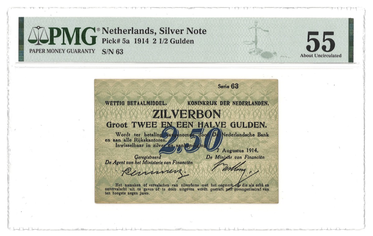 Nederland. 2 1/2 Gulden. Zilverbon. Type 1914. - PMG 55