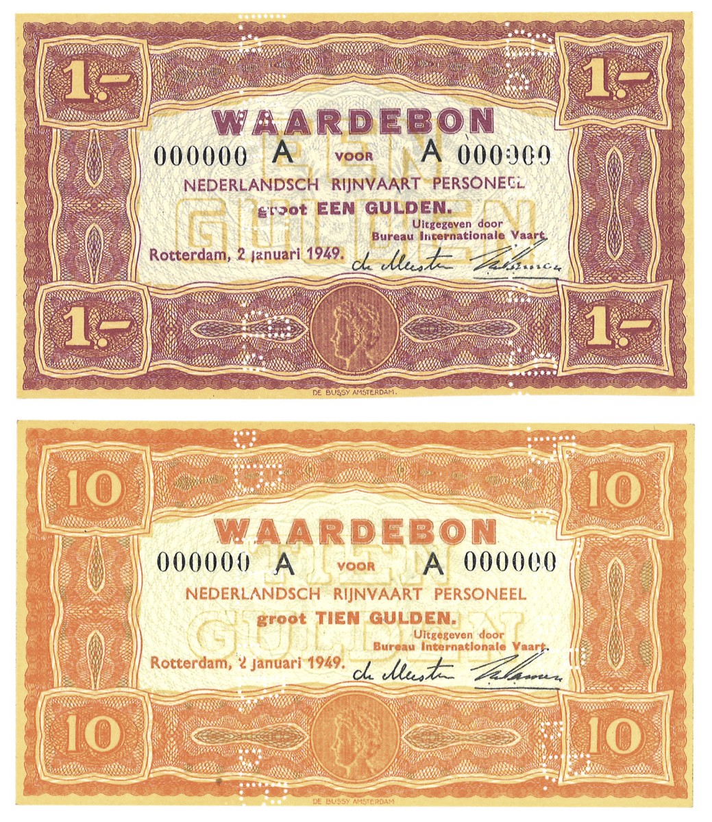 Nederland. Lot 2 waardebonnen. Waardebonnen. Type 1949. Type Rijnvaart ''Specimen''. - UNC.