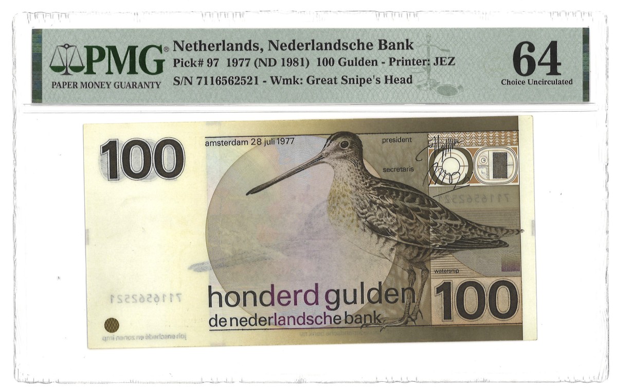 Nederlands. 100 Gulden. Bankbiljet. Type 1977. Type Snip. - PMG 64