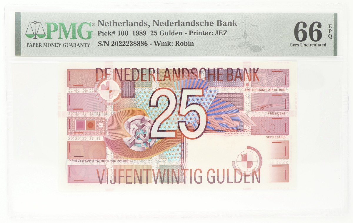 Nederland. 25 Gulden. Bankbiljet. Type 1989. Type Roodborstje. - PMG 66 EPQ