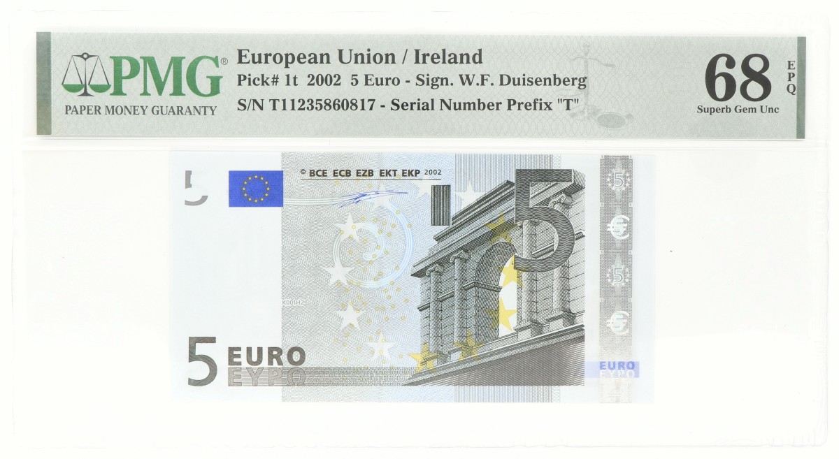 European Union / Ireland. 5 Euro. Banknote. Type 2002. - PMG 68 EPQ