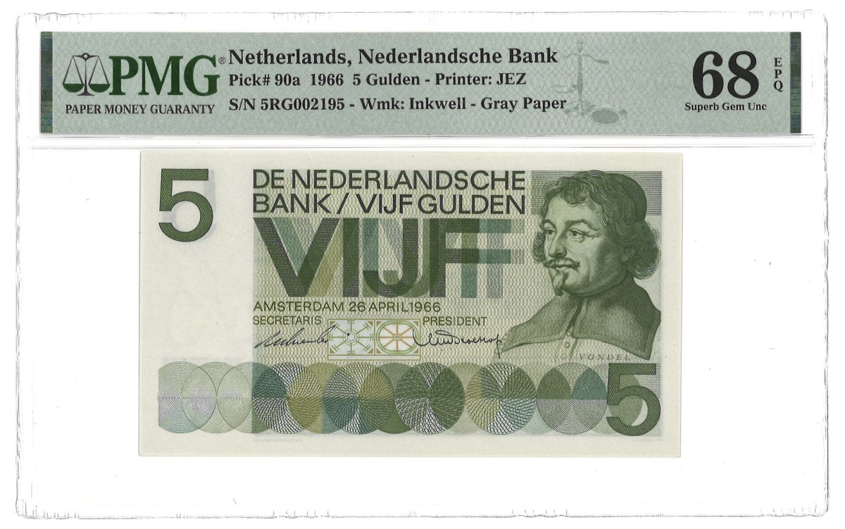 Nederland. 5 Gulden. Bankbiljet. Type 1966. Type Vondel I. - PMG 68 EPQ