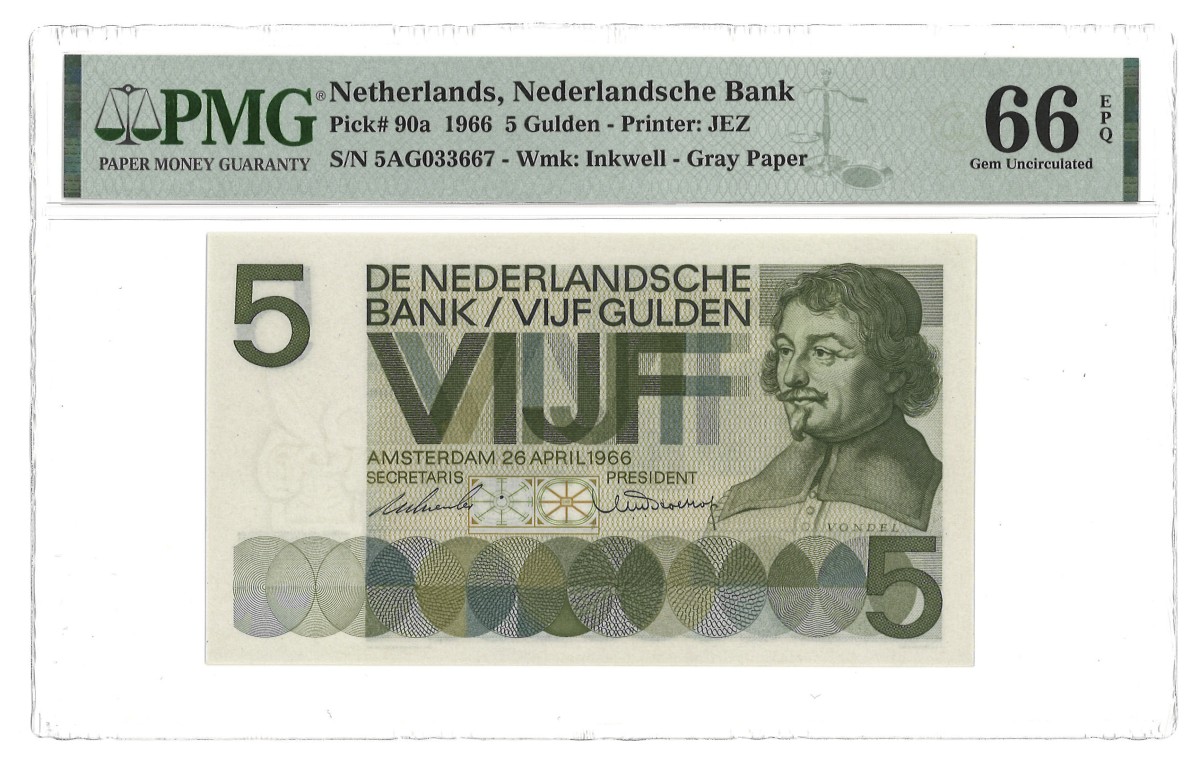 Nederland. 5 Gulden. Bankbiljet. Type 1966. Type Vondel I. - PMG 66 EPQ