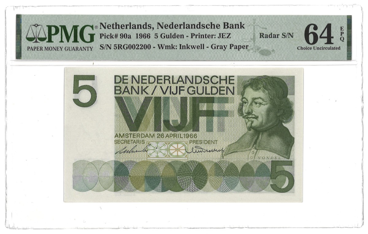 Nederland. 5 Gulden. Bankbiljet. Type 1966. Type Vondel I. - PMG 64 EPQ