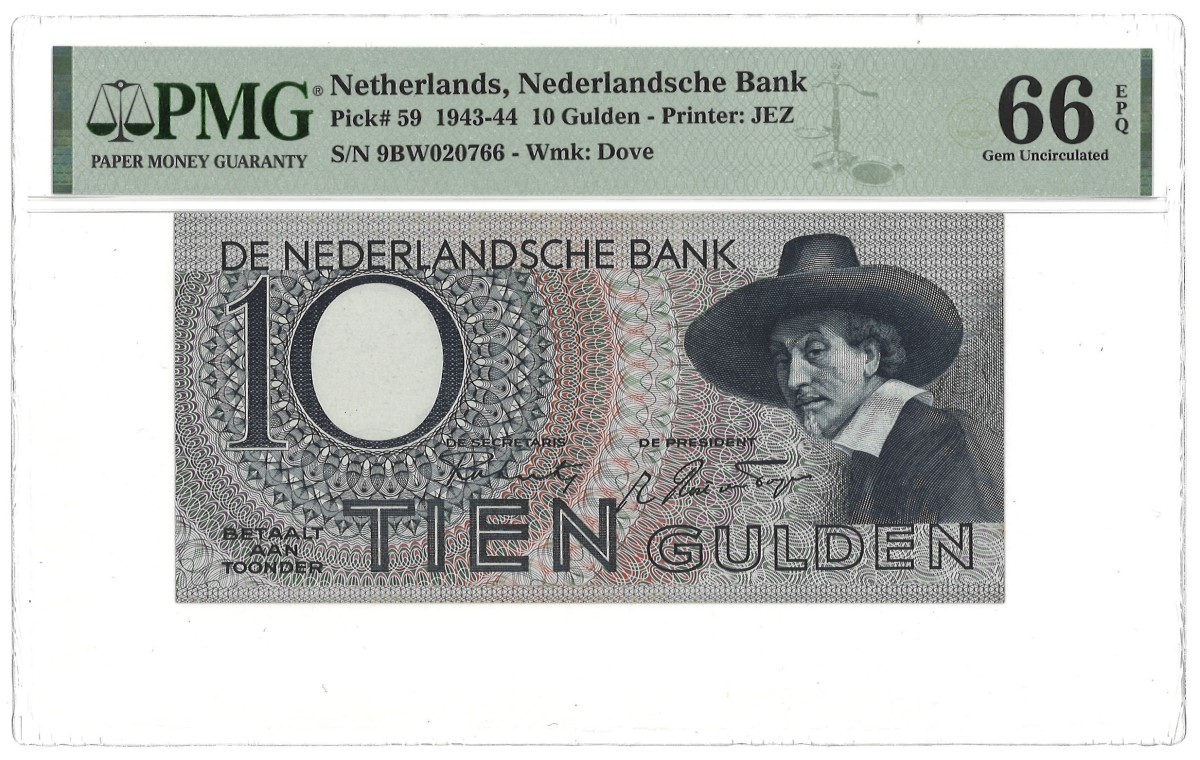 Nederland. 10 Gulden. Bankbiljet. Type 1943/1944. Type Staalmeester. - PMG 66 EPQ