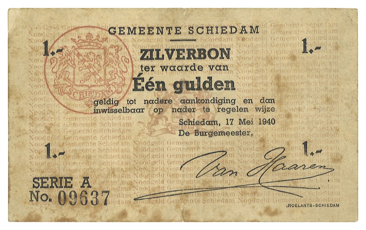 Nederland. 1 Gulden. Noodgeld. Type 1940. Type Gemeente Schiedam. - Fraai.