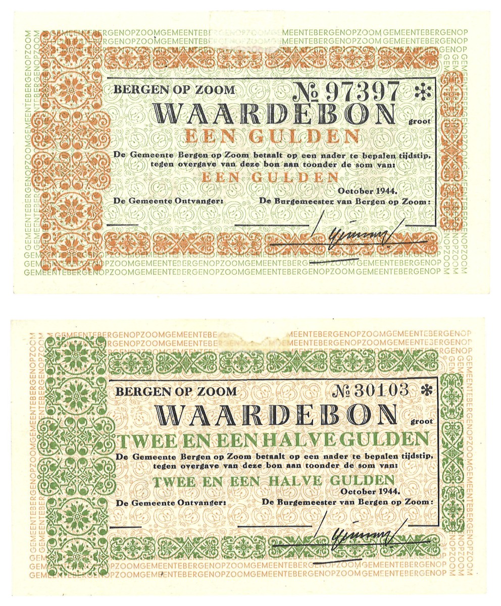 Nederland. lot 2 Waardebonnen. Noodgeld. Type 1944. Type Bergen op Zoom. - UNC.