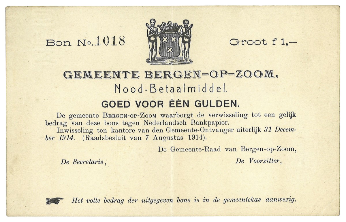 Nederland. 1 Gulden. Noodgeld. Type 1914. Type Bergen op Zoom. - Prachtig.