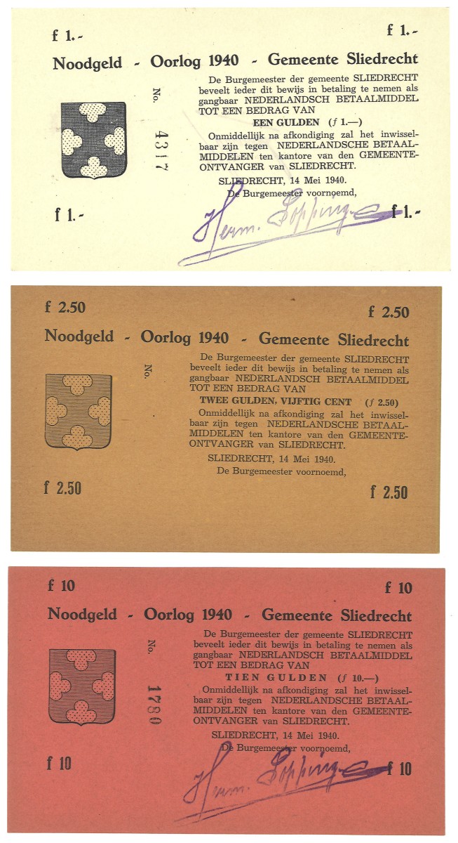 Nederland. Lot 3 Biljetten. Noodgeld. Type 1940. Type Gemeente Sliedrecht. - UNC.