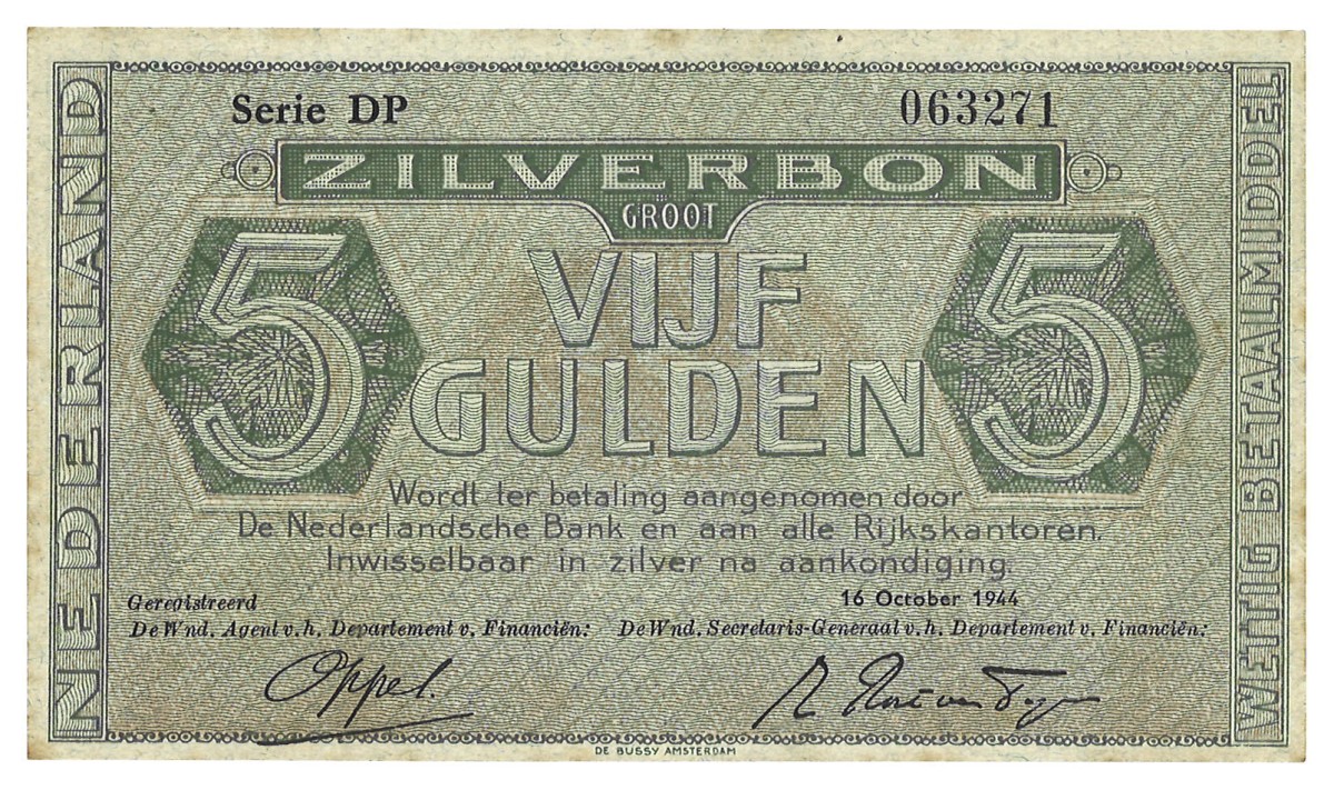 Nederland. 5 Gulden. Zilverbon. Type 1944. - Zeer Fraai / Prachtig.