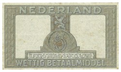 Nederland. 5 Gulden. Zilverbon. Type 1944. - Zeer Fraai / Prachtig.