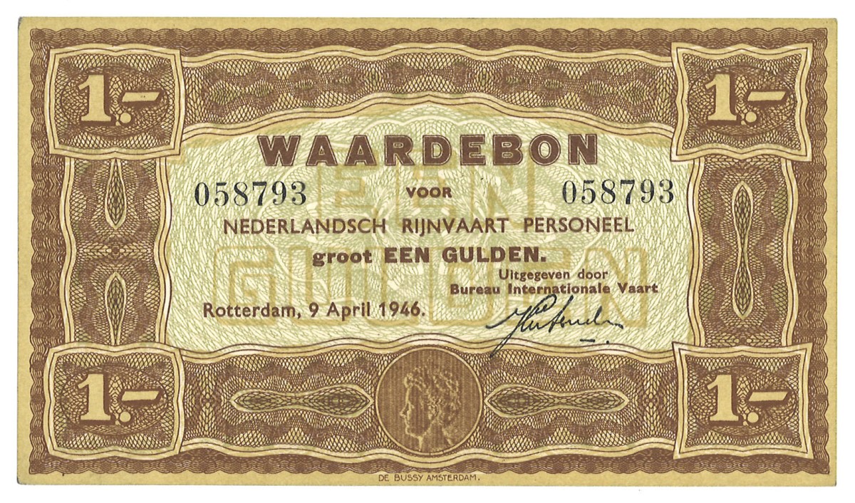 Nederland. 1 Gulden. Waardebon. Type 1946. Type Rijnvaart. - Prachtig.