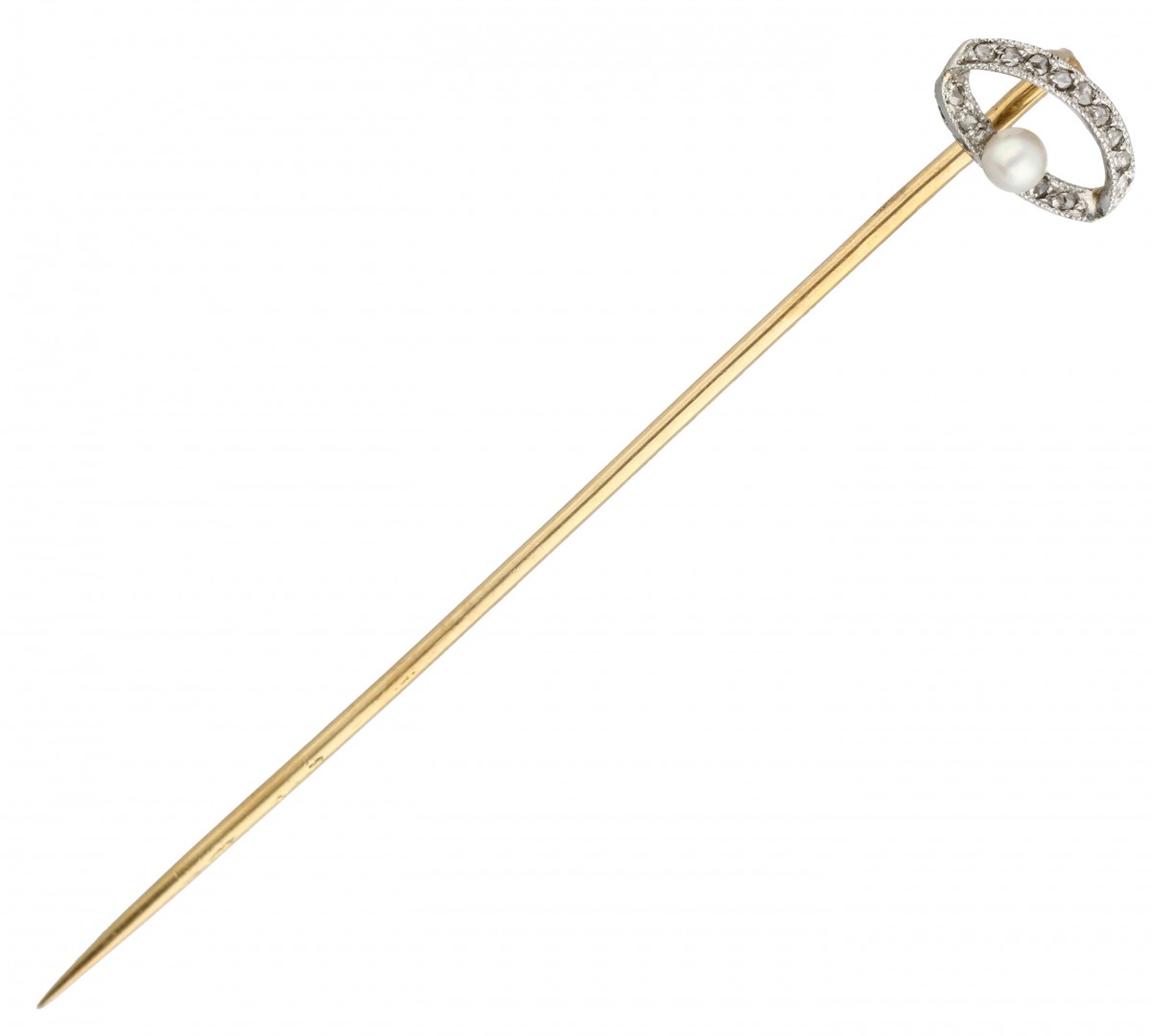 18 kt. Geelgouden art deco reversspeld bezet met diamant en parel.