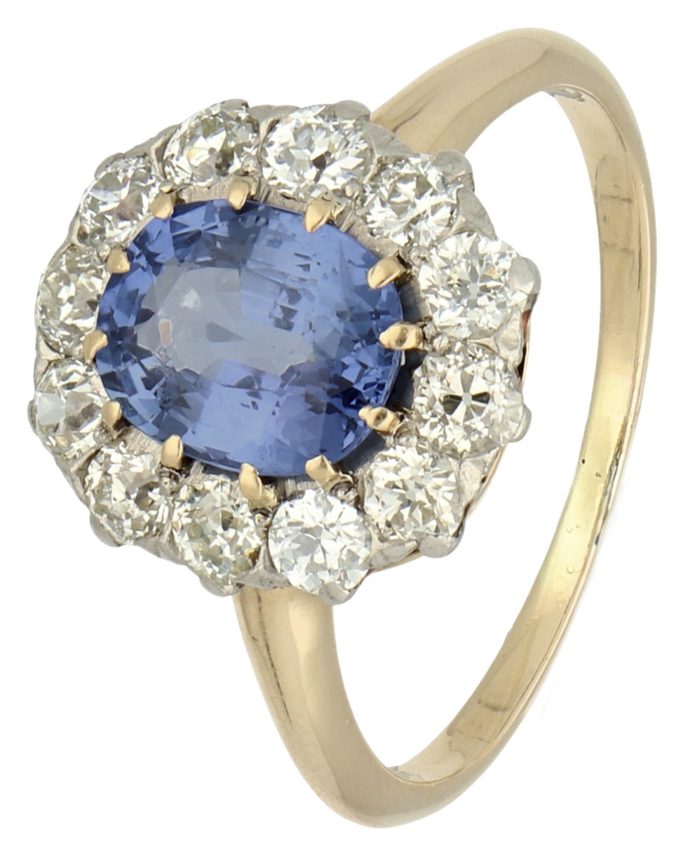 IGI- Gecertificeerde 14K geelgouden entourage ring bezet met ca. 1.80 ct. saffier en 1.00 ct. oud slijpsel diamant