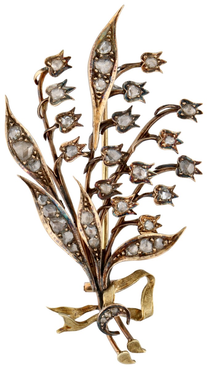 14K Florale broche bezet met roos diamanten.