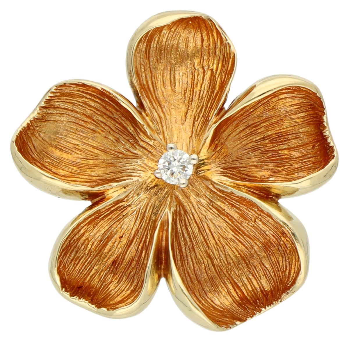 14K Geelgouden broche van een bloem bezet met ca. 0.04 ct. diamant.